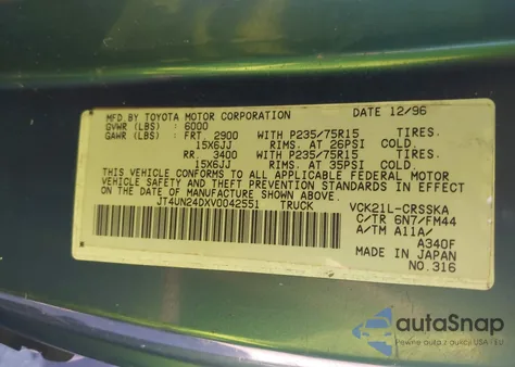 1997 Toyota T100 Sr5 V6 z USA, uszkodzony, nr VIN JT4UN24DXV0042551